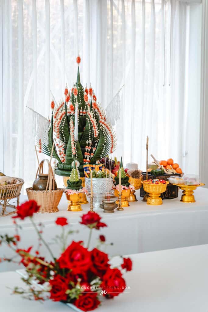 Colorful traditional Thai floral arrangement for special event in Thailand.