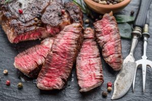 medium rare steak sliced on cutting board next to knife and fork