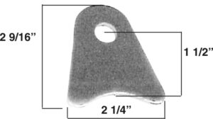 Steel shock tab with hole, 2 9/16" height, 2 1/4" width, 1 1/2" length for vehicle suspension.