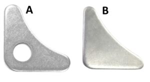 Metal gusset plates labeled A and B for steel construction.