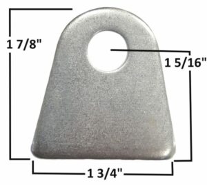 Metal chassis tab with precise measurements for automotive use.