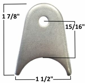 Metal radius tab for 1 1/4 inch tubing with precise measurements.