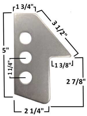 Metal trailing arm bracket with precise measurements for automotive repair.