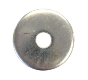 Metal harmonic balancer washer with central hole for engine component.