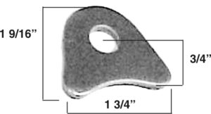 Steel shock tab with precise measurements for vehicle suspension.