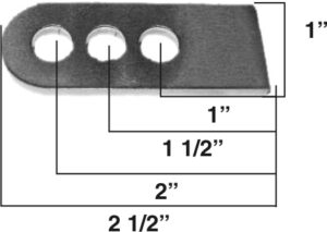 Metal mounting bracket with three holes for go-kart pitman arm attachment.