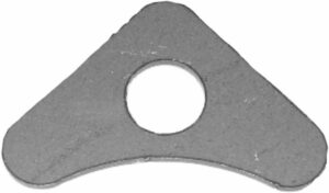Metal brake line tab with 90-degree angle and central hole for mounting.