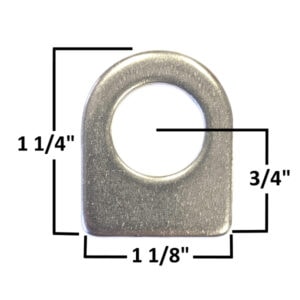 Metal brake line tab with dimensions for automotive repair.