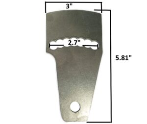 Metal spindle plate with serrated slot for go-kart assembly.