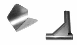 Steel saddle gusset for 1 1/2" tubing, 4 1/8" long, 3" tall, 1 1/2" wide.