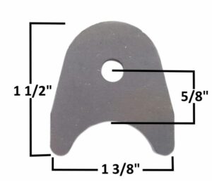 Chassis tab with 3/8" hole and specific dimensions for automotive use.