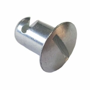 Steel Dzus oval head button fastener for secure panel attachment.