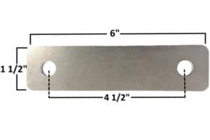 Metal strap with two 1/2-inch holes, 6-inch length, 1.5-inch width for secure fastening.