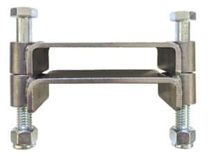 Industrial metal clamp bracket for secure equipment mounting.