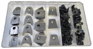 Chrome steel metal hardware parts organized in a plastic storage container.