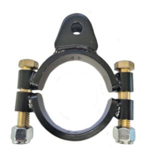 Heavy-duty steel pipe clamp with durable bolts and nuts.