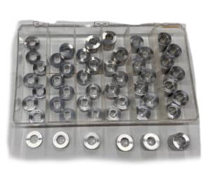 Stainless steel washers with threading for machinery and equipment assembly.
