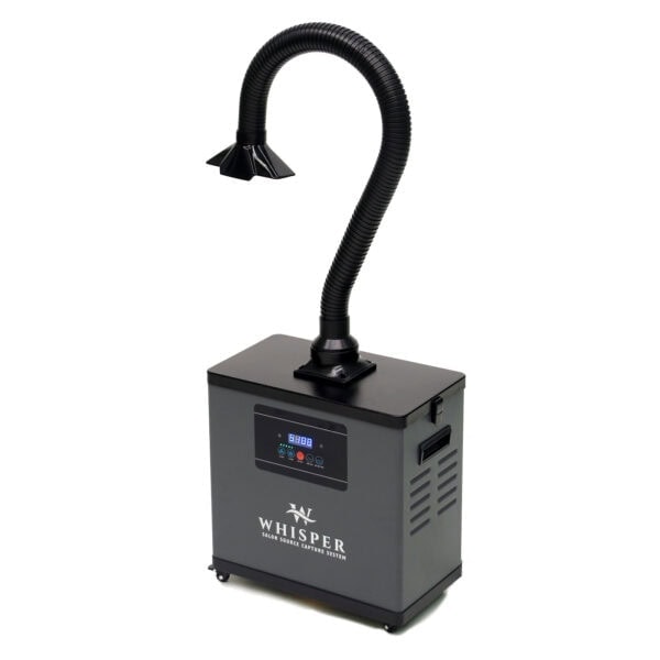 The Whisper source capture system with a flexible black hose extending from a gray rectangular base on wheels. Ideal for salon use, it features a digital display and controls. The brand name "Whisper" is visible, and the hose efficiently funnels air for superior purification. Read more at Aerovex Systems (aerovexsystems.com)