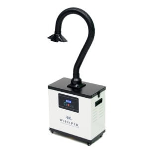 The Whisper source capture system with a flexible black hose extending from a white rectangular base on wheels. Ideal for salon use, it features a digital display and controls. The brand name "Whisper" is visible, and the hose efficiently funnels air for superior purification. Read more at Aerovex Systems (aerovexsystems.com)