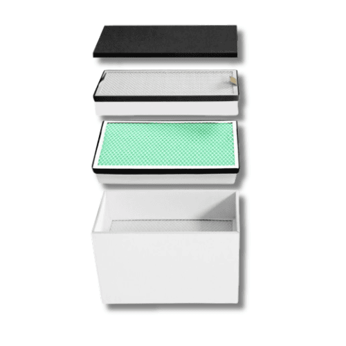 Exploded view of the 4 Stage Replacement Filters for the Whisper: black rectangular lid, grid-like filter, green filter, and large white base aligned vertically with shadows on a white background. Read more at Aerovex Systems (aerovexsystems.com)