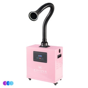 The Whisper™ Nail Salon Source Capture System | Single Station is pink with a digital control panel, flexible black hose, front air vent, and four caster wheels. Purple, blue, and light blue color swatches are shown in the bottom left corner. Read more at Aerovex Systems (aerovexsystems.com)