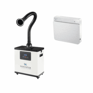 The image displays the Nail Tech Pro Value Package: on the left, a white portable air purifier with wheels, flexible hose, and digital display; on the right, a wall-mounted rectangular white air purifier with vented design. Read more at Aerovex Systems (aerovexsystems.com)