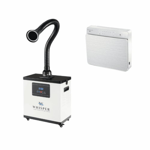 The image displays the Nail Tech Pro Value Package: on the left, a white portable air purifier with wheels, flexible hose, and digital display; on the right, a wall-mounted rectangular white air purifier with vented design. Read more at Aerovex Systems (aerovexsystems.com)