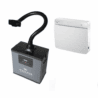 On a plain white background, the Nail Tech Pro Value Package is displayed: on the left is a black and gray “Whisper” air purifier with a flexible hose, and on the right is a white, rectangular wall-mounted purifier with indicator lights. Read more at Aerovex Systems (aerovexsystems.com)