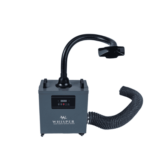 A gray Vent to Outside Whisper™ Nail Salon Source Capture System for single stations, featuring a digital display, control buttons, a flexible black hose with wide nozzle extending upward, and a side hose, shown on a white background. Read more at Aerovex Systems (aerovexsystems.com)