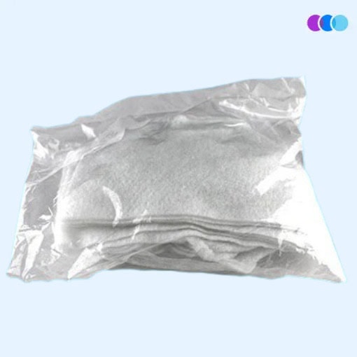 A clear plastic bag holds folded white Sunflower Inner Layer Filters against a light blue background, with three overlapping circles in purple, blue, and light blue in the top right corner. Read more at Aerovex Systems (aerovexsystems.com)