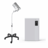 A silver adjustable infrared heat lamp on a black five-wheel stand sits beside a rectangular white air purifier with digital controls—both part of the Salon Suite Value Package (Copy)—set against a plain white background. Read more at Aerovex Systems (aerovexsystems.com)