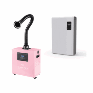 A Nail Tech Pro Max Package, featuring a pink Whisper air filtration unit with a flexible black exhaust hose and a sleek gray wall-mounted air purifier with digital display, is displayed on a white background. Read more at Aerovex Systems (aerovexsystems.com)