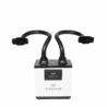 The Whisper™ Nail Salon Source Capture System | Dual Station is a white, box-shaped air filtration unit with a digital control panel and two flexible black hose arms with wide funnels, shown on a plain white background. Read more at Aerovex Systems (aerovexsystems.com)