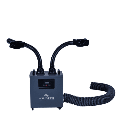 The Vent to Outside Whisper™ Nail Salon Source Capture System | Dual Station is a gray, box-shaped unit with wheels, a digital control panel, two flexible black hoses with upward nozzles, and one hose extending horizontally to the right. Read more at Aerovex Systems (aerovexsystems.com)
