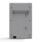 The image shows the back of the Aerovex Systems Dual Core Wall Mount Air Purifier: a plain gray rectangular plastic panel with four corner standoff pillars, a top-center horizontal mounting bracket, several screw holes, and a small bottom-left cutout. White background. Read more at Aerovex Systems (aerovexsystems.com)