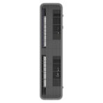 The Aerovex Systems Dual Core Wall Mount Air Purifier is shown from above, featuring a tall, slim, rectangular gray design with vertical black vents on the front and control buttons behind the protective grill near the bottom. Read more at Aerovex Systems (aerovexsystems.com)