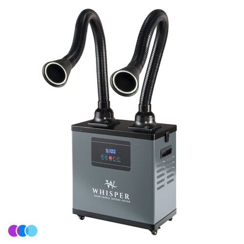 The Whisper™ Nail Salon Source Capture System | Dual Station is a silver and black unit with two flexible black hoses and round nozzles, plus a digital display, control buttons, indicator lights, and four feet for capturing fumes or smoke. Read more at Aerovex Systems (aerovexsystems.com)