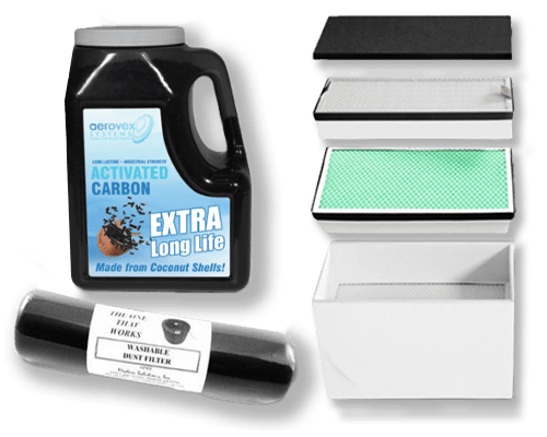 A black jug labeled "Activated Carbon" with a blue label stands next to a stack of filter components. The stack includes a black top cover, a metal mesh grid, a green filter, a rectangular white filter, and a white box base. A separate black cylindrical washable dust filter lies nearby. Read more at Aerovex Systems (aerovexsystems.com)