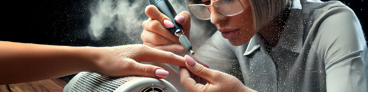 A nail technician wearing glasses shapes a client’s nails with an electric nail file, using a nail dust collector that is releasing harmful nail dust into the air, illustrating the question, do cheap nail dust collectors work? The client’s nails are painted light pink. The scene is close-up and focused on the hands and tools used during the manicure. Read more at Aerovex Systems (aerovexsystems.com)