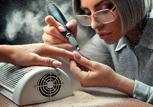 A woman with bobbed hair and glasses uses an electric nail file on another person’s fingernails. Fine dust particles fill the air. A ventilation device is positioned near their hands to capture the dust, illustrating the question, do cheap nail dust collectors work? Both have manicured nails. Read more at Aerovex Systems (aerovexsystems.com)