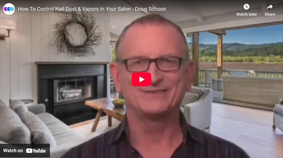 A smiling man (Doug Schoon) with glasses is seated indoors on a virtual background showing a modern living room with grey sofas, a coffee table, and large windows revealing a scenic outdoor view. The YouTube video bar and title overlay the image. Read more at Aerovex Systems (aerovexsystems.com)