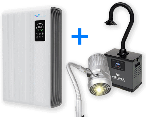A white, Aerovex Max wall air purifier with a digital control panel is shown on the left. Next to it is a compact Whisper source capture system with a flexible hose, and in front is a silver, gooseneck Sunflower II Nail Dust Collector with LED task light. A blue plus sign connects the items. Read more at Aerovex Systems (aerovexsystems.com)