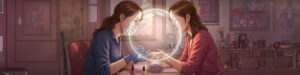 Two women sit across from each other at a nail salon table. A nail technician, wearing gloves and a mask, paints the other’s nails. Bottles of polish and soft decor create a cozy, inviting atmosphere with a glowing sphere to indicate the area of the breathing zone for nail technicians. Read more at Aerovex Systems (aerovexsystems.com)