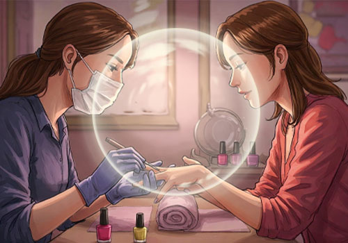 A nail technician wearing a mask and gloves carefully manicures a woman's nails at a table. Bottles of nail polish and a rolled towel sit on the table. To help in understanding the breathing zone for nail technicians, there is a softly illuminated circle around the partipants nose and mouth and shared space in between. Read more at Aerovex Systems (aerovexsystems.com)