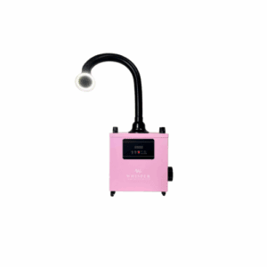 A pink air filtration machine with a flexible black hose extending upwards and curving forward, ending in a circular vent. The machine has a digital display and control buttons on the front, and the brand name “Whisper” is printed below. Read more at Aerovex Systems (aerovexsystems.com)