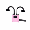 A pink Whisper air filtration unit with two flexible black hoses extending upward, each ending in a rectangular black nozzle. A third, shorter gray hose extends from the side. The device features a digital display and buttons on the front panel. Read more at Aerovex Systems (aerovexsystems.com)