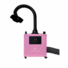 A pink, box-shaped device labeled “Whisper” has a digital control panel, a flexible black exhaust hose on one side, and a black adjustable arm with a large nozzle on top, all set against a white background. Read more at Aerovex Systems (aerovexsystems.com)
