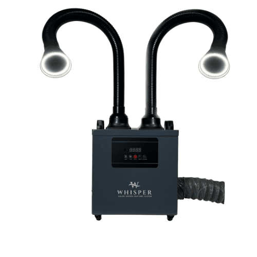 The Vent to Outside Whisper™ MiniVent Nail Salon Source Capture System | Dual Station is a gray, rectangular unit on wheels with a digital display and front control buttons. Two flexible black hoses end in circular vents with light rings, resembling eyes on stalks. Read more at Aerovex Systems (aerovexsystems.com)