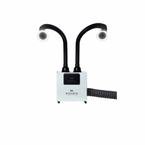A white WHISPER MiniVent air filtration unit with a digital control panel, two flexible black hoses with round suction openings, and an additional ribbed hose extending from the right side. The background is plain white. Read more at Aerovex Systems (aerovexsystems.com)
