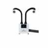 A white WHISPER MiniVent air filtration unit with a digital control panel, two flexible black hoses with round suction openings, and an additional ribbed hose extending from the right side. The background is plain white. Read more at Aerovex Systems (aerovexsystems.com)